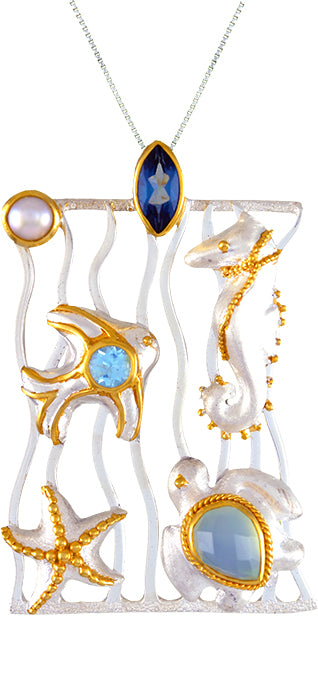 Sterling Silver and 22K Gold Vermeil Pendant with London Blue Topaz, Sky Blue Topaz and Peruvian Calcite