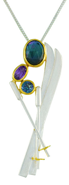 Sterling Silver and 22K Gold Vermeil Pendant with Mother of Pearl + onyx + checkerboard cut crystal quartz, African Amethyst and Trendy Solo Topaz