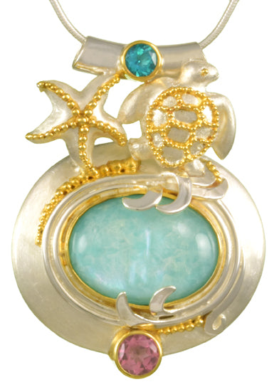 Sterling Silver and 22K Gold Vermeil Pendant with Paraiba Topaz, Amazonite + checkerboard cut crystal quartz+ Mother of Pearl and Imperial Pink Topaz