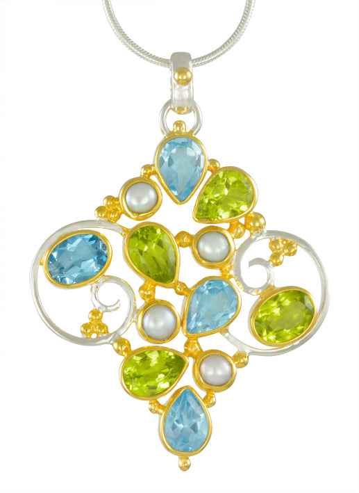 Sterling Silver and 22K Gold Vermeil Pendant with Peridot, Baby Blue Topaz and White Freshwater Pearl