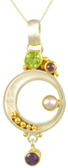Sterling Silver and 22K Gold Vermeil Pendant with Peridot, Rhodolite Garnet, White Freshwater Pearl and African Amethyst