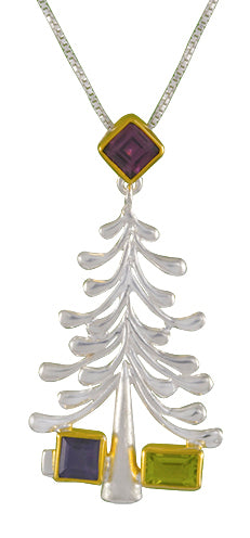 Sterling Silver and 22K Gold Vermeil Pendant with Peridot, Rhodolite Garnet and African Amethyst