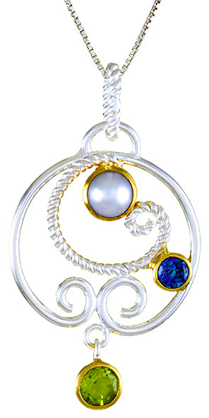 Sterling Silver and 22K Gold Vermeil Pendant with Peridot, White Freshwater Pearl and Trendy Solo Topaz