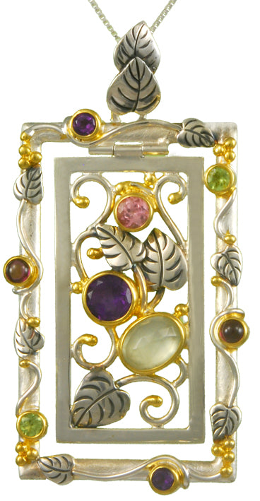Sterling Silver and 22K Gold Vermeil Pendant with Prehnite, African Amethyst, Imperial Pink Topaz, Rhodolite Garnet and Peridot