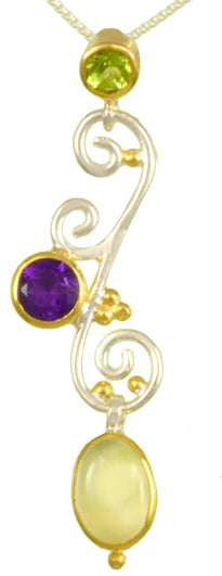 Sterling Silver and 22K Gold Vermeil Pendant with Prehnite, African Amethyst and Peridot