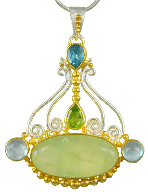 Sterling Silver and 22K Gold Vermeil Pendant with Prehnite, Peridot, Baby Blue Topaz and Sky Blue Topaz