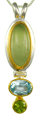 Sterling Silver and 22K Gold Vermeil Pendant with Prehnite, Sky Blue Topaz and Peridot
