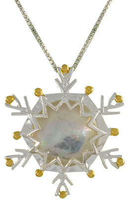Sterling Silver and 22K Gold Vermeil Pendant with Quartz + Mother of Pearl