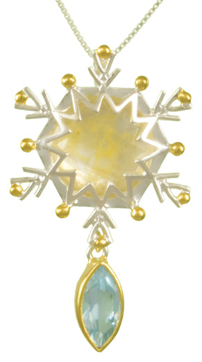 Sterling Silver and 22K Gold Vermeil Pendant with Quartz + Mother of Pearl and Sky Blue Topaz
