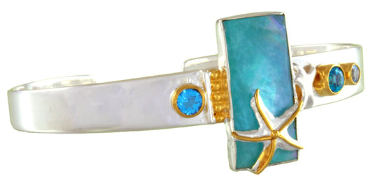 Sterling Silver and 22K Gold Vermeil Pendant with Sky Blue Topaz, Paraiba Topaz, Baby Blue Topaz and Amazonite + checkerboard cut crystal quartz+ Mother of Pearl