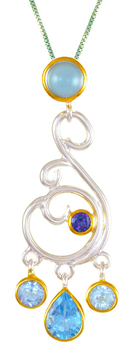 Sterling Silver and 22K Gold Vermeil Pendant with Sky Blue Topaz, Trendy Solo Topaz and Baby Blue Topaz
