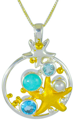 Sterling Silver and 22K Gold Vermeil Pendant with Sky Blue Topaz, White Freshwater Pearl, Baby Blue Topaz and Amazonite