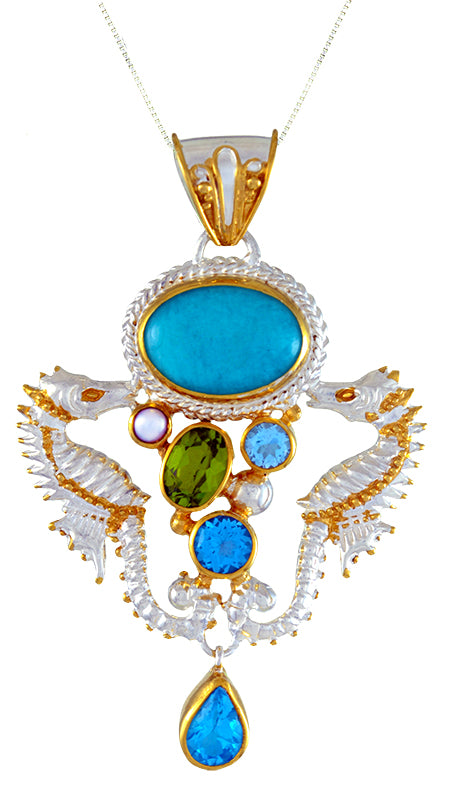 Sterling Silver and 22K Gold Vermeil Pendant with Sky Blue Topaz, White Freshwater Pearl, Peridot and Baby Blue Topaz
