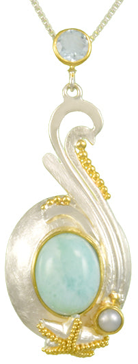 Sterling Silver and 22K Gold Vermeil Pendant with Sky Blue Topaz, White Freshwater Pearl and Larimar