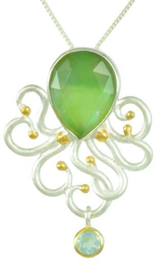 Sterling Silver and 22K Gold Vermeil Pendant with Sky Blue Topaz and Mother of Pearl + Jade + checkerboard cut crystal quartz