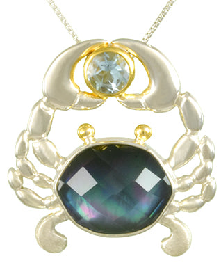 Sterling Silver and 22K Gold Vermeil Pendant with Sky Blue Topaz and Mother of Pearl + onyx + checkerboard cut crystal quartz