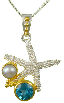 Sterling Silver and 22K Gold Vermeil Pendant with Sky Blue Topaz and White Freshwater Pearl