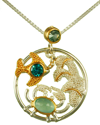 Sterling Silver and 22K Gold Vermeil Pendant with Teal Topaz, Sky Blue Topaz and Peruvian Calcite