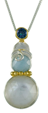 Sterling Silver and 22K Gold Vermeil Pendant with Trendy Solo Topaz and Mother of Pearl +checkerboard cut crystal quartz
