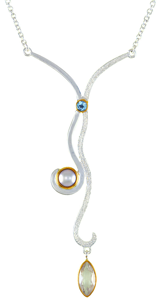 Sterling Silver and 22K Gold Vermeil Pendant with White Freshwater Pearl, White Quartz and Sky Blue Topaz