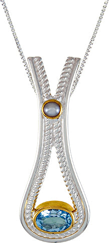 Sterling Silver and 22K Gold Vermeil Pendant with White Freshwater Pearl and Sky Blue Topaz