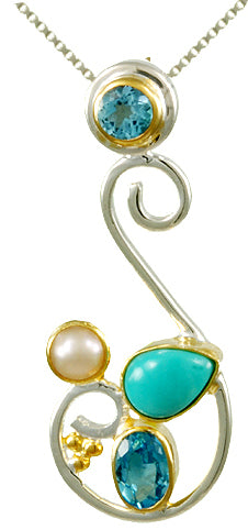 Sterling Silver and 22K Gold Vermeil Pendant with White Pearl, Turquoise and Baby Blue Topaz