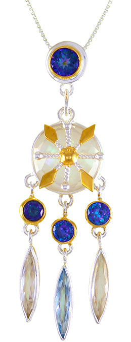 Sterling Silver and 22K Gold Vermeil Pendant with White Quartz, Quartz + Mother of Pearl, Sky Blue Topaz and Trendy Solo Topaz