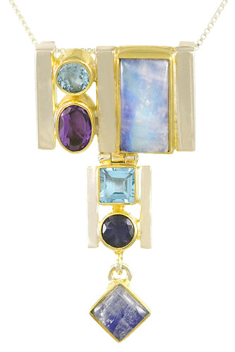 Sterling Silver and 22K Gold Vermeil Pendant with painted Rainbow Moonstone, African Amethyst, Baby Blue Topaz and Iolite