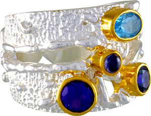 Sterling Silver and 22K Gold Vermeil Ring with African Amethyst, Baby Blue Topaz, Iolite and Trendy Solo Topaz
