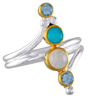 Sterling Silver and 22K Gold Vermeil Ring with Amazonite, Baby Blue Topaz and Rainbow Moonstone