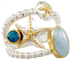 Sterling Silver and 22K Gold Vermeil Ring with Aquamarine and Teal Topaz