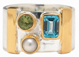 Sterling Silver and 22K Gold Vermeil Ring with Baby Blue Topaz, Peridot and White Freshwater Pearl