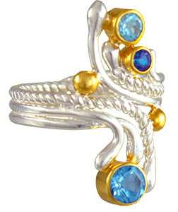 Sterling Silver and 22K Gold Vermeil Ring with Baby Blue Topaz, Sky Blue Topaz and Trendy Solo Topaz