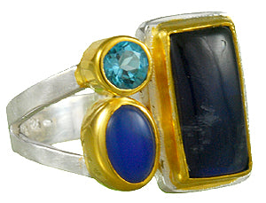 Sterling Silver and 22K Gold Vermeil Ring with Blue Agate, Baby Blue Topaz and painted Rainbow Moonstone