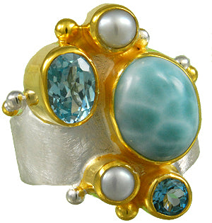 Sterling Silver and 22K Gold Vermeil Ring with Larimar, Sky Blue Topaz, Baby Blue Topaz and White Freshwater Pearl