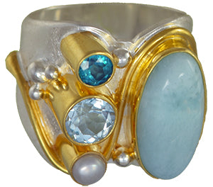 Sterling Silver and 22K Gold Vermeil Ring with Larimar, Sky Blue Topaz, White Freshwater Pearl and Paraiba Topaz
