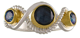 Sterling Silver and 22K Gold Vermeil Ring with Mother of Pearl + onyx + checkerboard cut crystal quartz and Trendy Solo Topaz