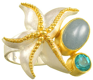 Sterling Silver and 22K Gold Vermeil Ring with Paraiba Topaz and Aquamarine
