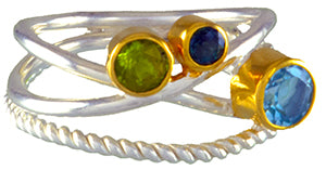Sterling Silver and 22K Gold Vermeil Ring with Peridot, Sky Blue Topaz and Envy Topaz