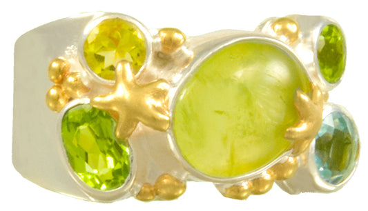 Sterling Silver and 22K Gold Vermeil Ring with Prehnite, Sky Blue Topaz, Peridot and Lemon Quartz