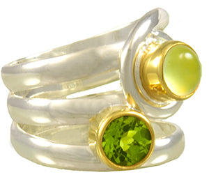 Sterling Silver and 22K Gold Vermeil Ring with Prehnite and Peridot