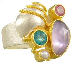 Sterling Silver and 22K Gold Vermeil Ring with Rose De France + Mother of Pearl, Imperial Pink Topaz, Paraiba Topaz and White Freshwater Pearl
