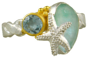 Sterling Silver and 22K Gold Vermeil Ring with Sky Blue Topaz and Amazonite + Mother of Pearl + white quartz