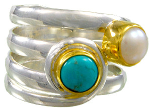 Sterling Silver and 22K Gold Vermeil Ring with Turquoise and White Freshwater Pearl
