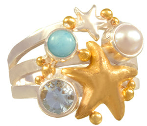 Sterling Silver and 22K Gold Vermeil Ring with White Freshwater Pearl, Amazonite and Sky Blue Topaz