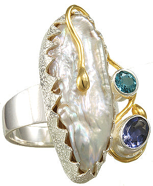 Sterling Silver and 22K Gold Vermeil Ring with White Freshwater Pearl, Iolite and Baby Blue Topaz