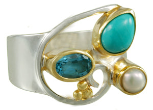 Sterling Silver and 22K Gold Vermeil Ring with White Pearl, Turquoise and Baby Blue Topaz