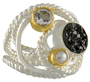 Sterling Silver and 22K Gold Vermeil Ring with White Topaz, Black Druzy and White Freshwater Pearl