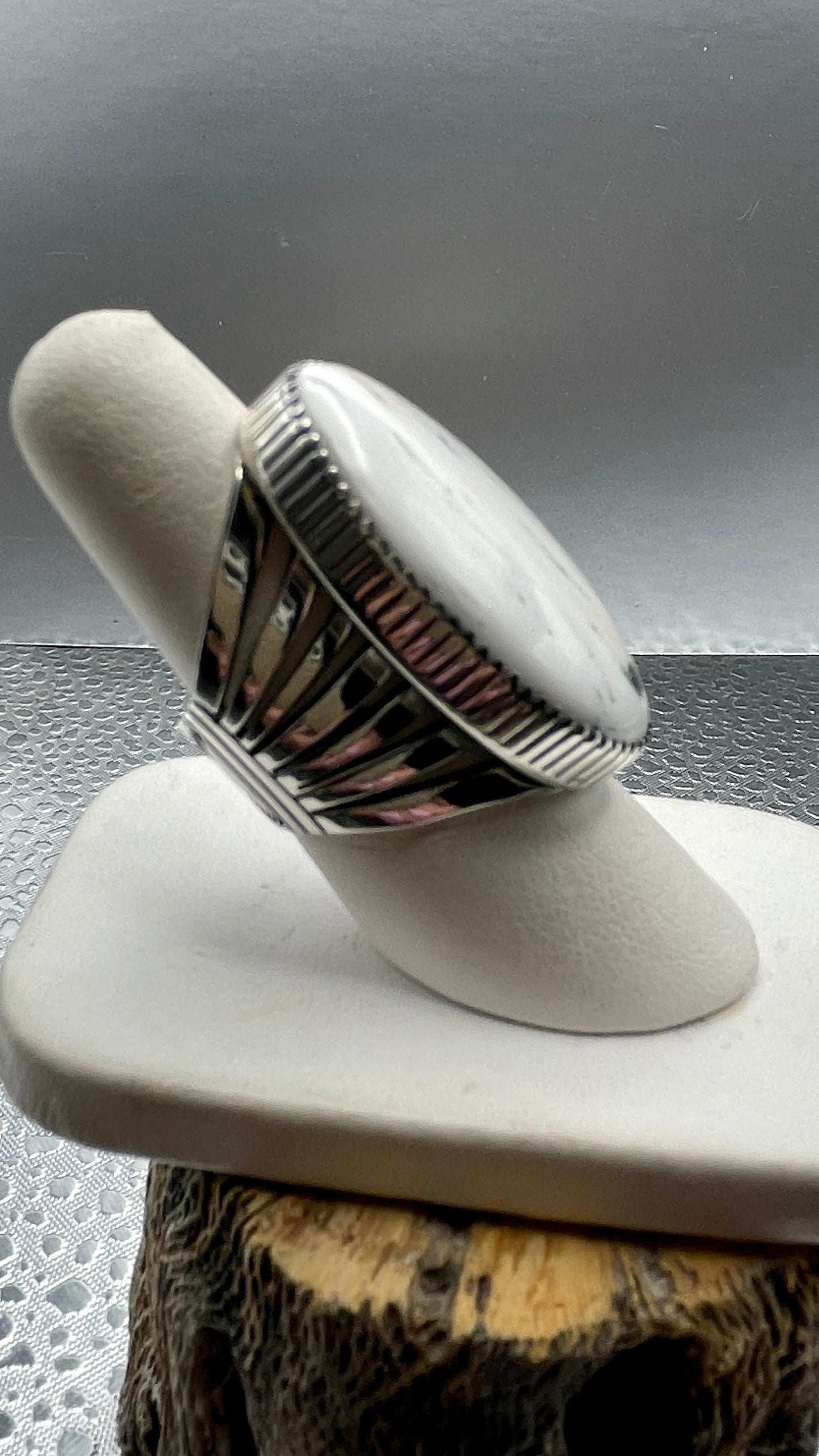 Desert Treasure: White Buffalo ring with black and white stone set in Sterling Silver