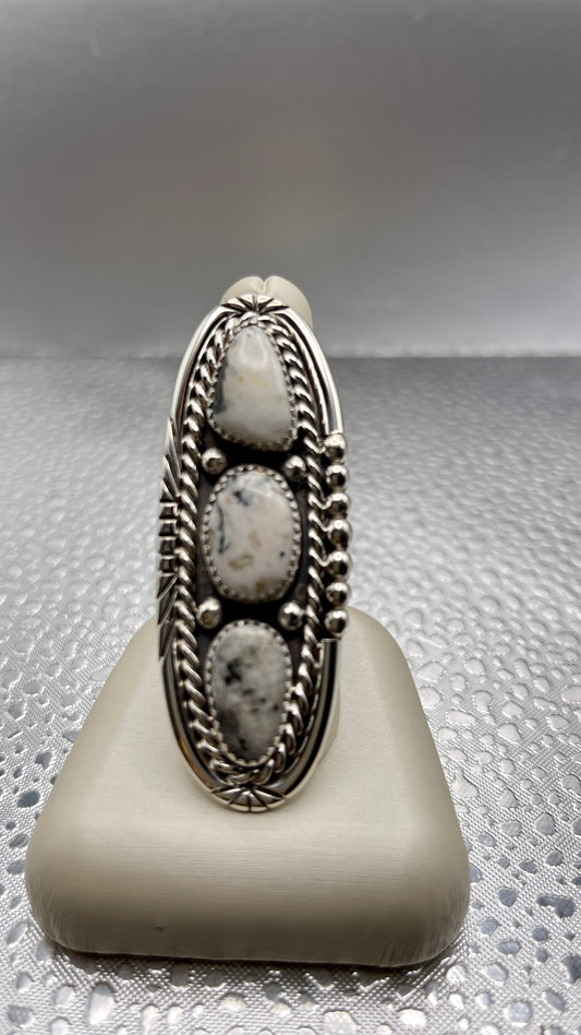 Desert Treasure: White Buffalo, black and white stone set in Sterling Silver Ring